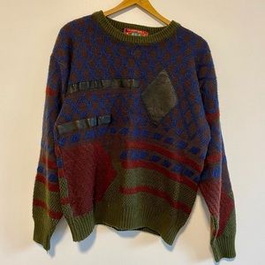 VINTAGE CHARTWELL LEATHER PATCH KNIT CREWNECK SWEATER